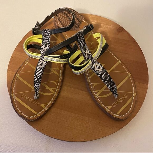 Sam & Libby Neon Yellow/Black Multicolor Flat Summer Sandals 9.5 - Picture 3 of 6